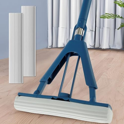 Sponge Mop Absorbent Roller Foam Mop with 50.39inch Extendable Handle and 2 Sponge Heads Self Wringing Mop Adjustable Cleaning Wet Mop for Hardwood Tile Kitchen Bathroom