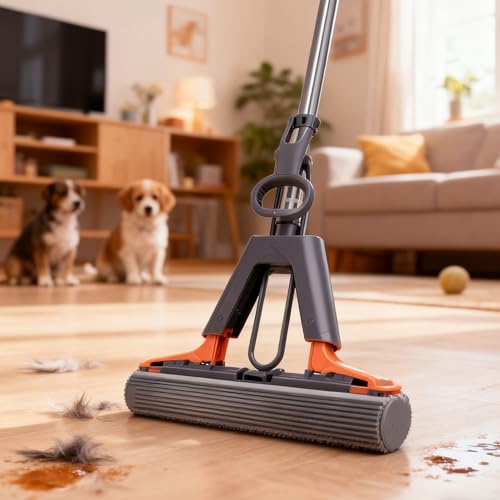 Sponge Roller Mop - Household Tool Telescopic Pole, Floor Cleaning Squeeze, Long Lasting Synthetic Accessory Unit Set, for Kitchen Living Room Bathroom Bedroom Dining Room Dorm Task Box Unit Kit