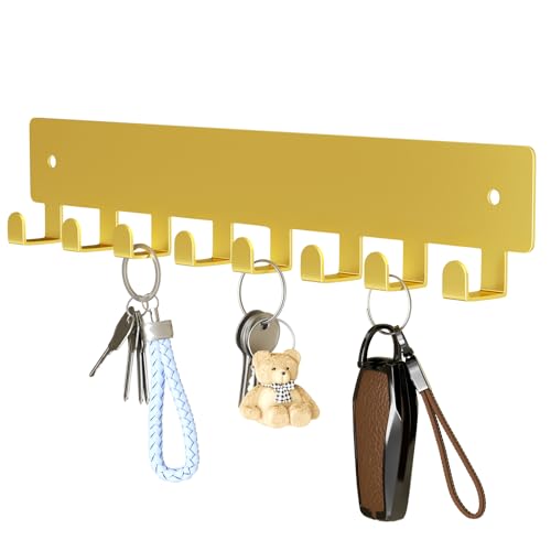pickpiff Key Holder Wall Mount, Adhesive Key Rack with 8 Hooks Hanger for Car Key Ring, Metal Key Chain Organizer, Gold 1 Pack - color: Gold