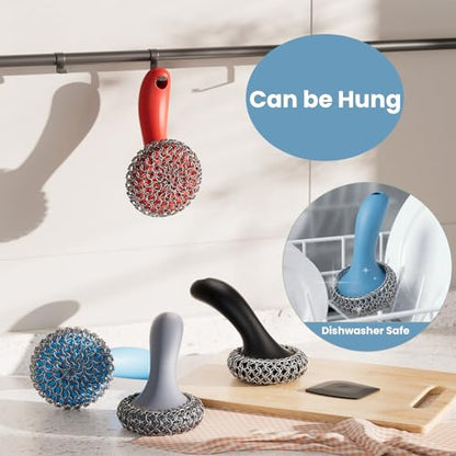 Cast Iron Scrubber with Long Handle | 316 Cast Iron Cleaner Chainmail Scrubber for Pan Skillet Cleaner - Dish Scouring Pad Dishwasher Safe Cleaning Kit (Blue, 1 Scrubber + 1 Scraper) - color: Blue, 1 Scrubber + 1 Scraper