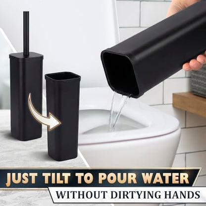 Black Toilet Brush with Square Stainless Steel Holder - Freestanding Toilet Brush and Holder Set Black - Removable Plastic Inner Cup, Splash Guard Cover, Replaceable Head, Corrosion Resistant Finish - color: Black Rounded Square