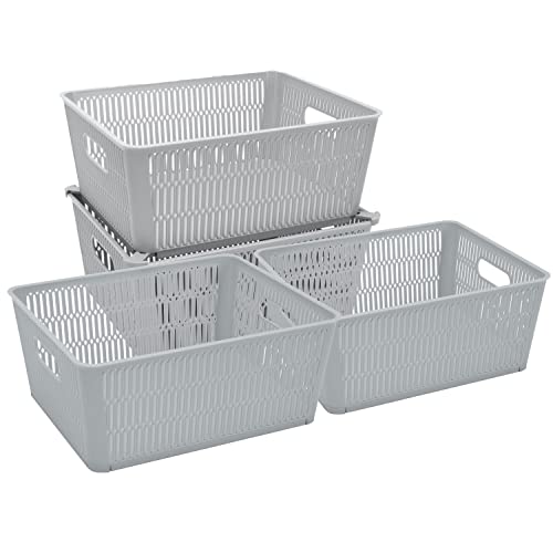 Simplify 4Pk Large Slide 2 Stack It Tote Basket | Storage & Organization | Open Bins with Stackable Capability | Bathroom | Crafts | Pantry | Playroom | Office | Grey (KIT-25930-GREY-4PK) - color: Gray, size: Large, style: 4 Pack