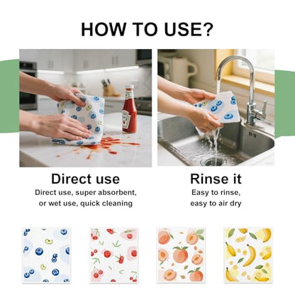 4 PCS Swedish Dishcloths, Reusable Kitchen Dish Cloths, Super Absorbent Cellulose Sponge Cloths, Odor Resistant, Dishwasher Safe & Multi-Purpose Cleaning Cloths - color: Fruits-4pcs