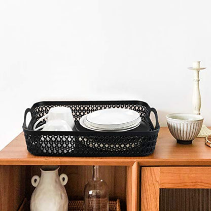 Large Plastic Storage Basket Tray with Handle, Black, Pack of 6 - size: large