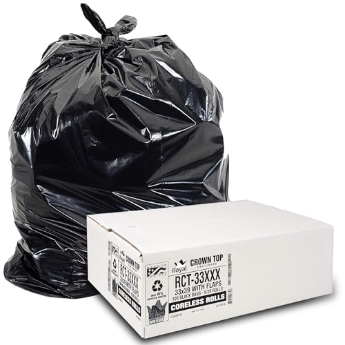 Aluf Plastics RCT-33XXX Heavy Duty 33 Gallon Trash Bags (Huge 100 Ct. /w Flap Ties) - 2 MIL equiv. Thick Gauge Large Black Plastic Garbage Liners for Kitchen, Home. Outdoor, Lawn, Yard, Contractors, Brute/Rubbermaid cans - style: 33 Gal, 2 Mil Equiv, 100