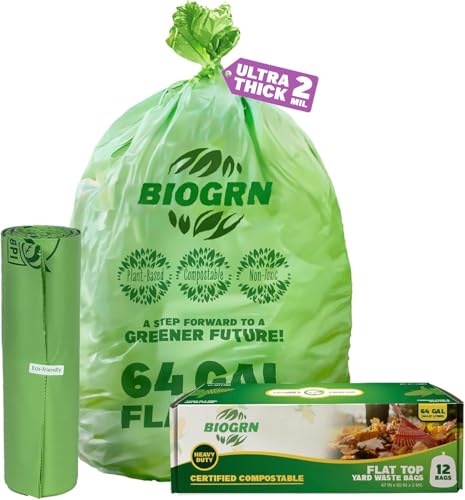60-64 Gallon Compostable Trash Bags, 12 Count, 2 Mil Heavy Duty Flat Top Large Trash Bags, 243L Lawn & Yard Waste Bags for Outdoor Garden Cleanup, ASTM D6400 BPI & OK Compost HOME Certified - color: 64Gallon, Flat Top, 12 Count