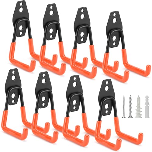 8 Pack Heavy Duty Garage Hooks Storage Organizer Wall Mount Power and Garden Tool Hangers, for Hanging Ladders, Ropes, Hose, Bulk Items - color: Orange 8 pack