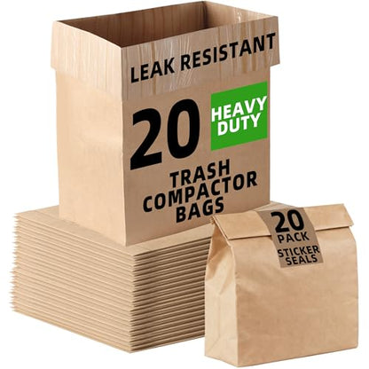 (20-Pack) Calvana Super Strong Compactor Bags, Heavy-Duty Kitchen Paper Trash Bags with Leak Proof Plastic Liner, Fits GE Model Compactors with Rectangular Containers, Includes 20 Sticker Seals - style: (20 Pack) Trash Bags + Stickers