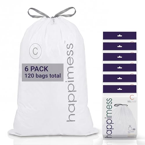 happimess 13.2 Gallon (50L) Drawstring Trash Bags, Unscented, White, Heavy Duty LDPE Liners for Kitchen and Household, Custom Fit 120 Count (6 Packs of 20 Liners) HPM3000C-W-6SET - color: White, size: 120 Count (Pack of 1)