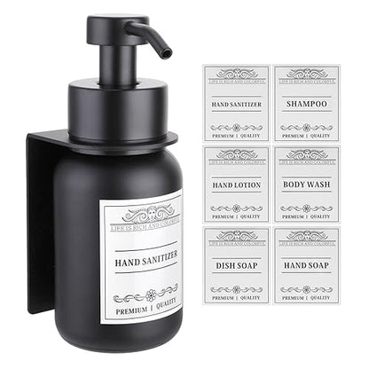 Black Glass Soap Dispenser Wall Mount for Bathroom with Pump and Drill-Free Holders - 8.5 Oz Hand Soap Dispenser, Shower Dispenser with Waterproof Labels | Heavy-Duty & Rust-Proof: Stainless steel pump & bracket, thick glass bottle, leak-resistant & smoot