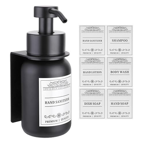 Black Glass Soap Dispenser Wall Mount for Bathroom with Pump and Drill-Free Holders - 8.5 Oz Hand Soap Dispenser, Shower Dispenser with Waterproof Labels | Heavy-Duty & Rust-Proof: Stainless steel pump & bracket, thick glass bottle, leak-resistant & smoot