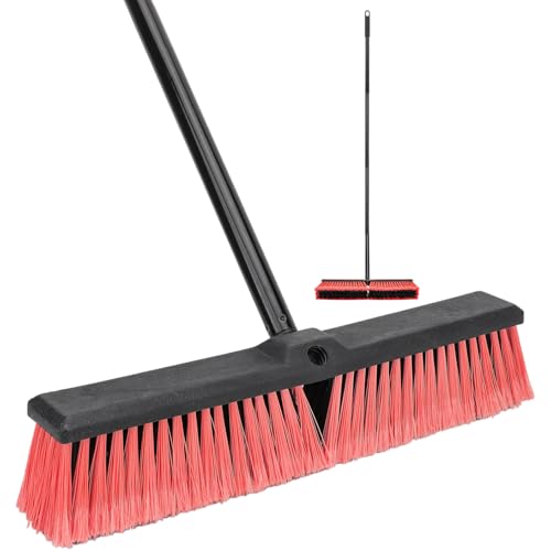 18 Inches Push Broom Outdoor- Heavy Duty Commercial Broom with 64.5" Long Handle and Stiff Bristles for Patio Garage Deck Concrete Wood Stone Tile Driveway Yard Warehouse Shop Floor Cleaning Broom - color: Red - 18 Inch