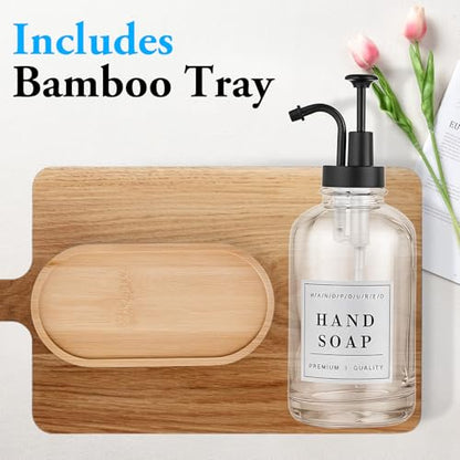 Dish and Hand Soap Dispenser for Kitchen,Glass Soap Dispenser with Pump,Tray,Funnel, Set of 2 Countertop Soap and Lotion Dispenser for Bathroom,Shower, 500ml/16.9oz, - color: Ks-5010-34y-2b