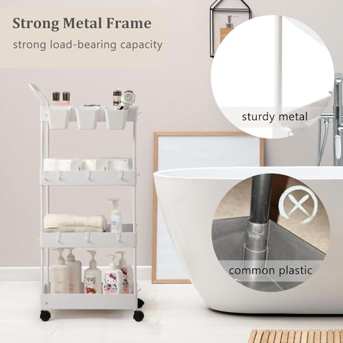 danpinera Storage Cart, 4 Tier Narrow Rolling Storage with Wheels & Dividers, Bathroom Organizer Slim Laundry Cart with Handle Hanging Cups Hooks, White - style: 4 Tier White