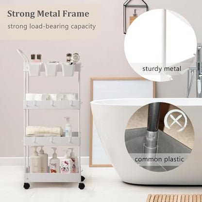 danpinera Storage Cart, 4 Tier Narrow Rolling Storage with Wheels & Dividers, Bathroom Organizer Slim Laundry Cart with Handle Hanging Cups Hooks, White - style: 4 Tier White