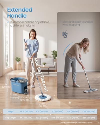 SONGMICS Spin Mop and Bucket Set with Pedal Wringer, Floor Cleaning Mop, Adjustable Telescopic Handle, Max. 59.1-Inch Length, 360° Rotating Head, 4 Microfiber Pads, Blue and Gray ULMB002QT04 - color: Blue + Gray, size: 4 Pads