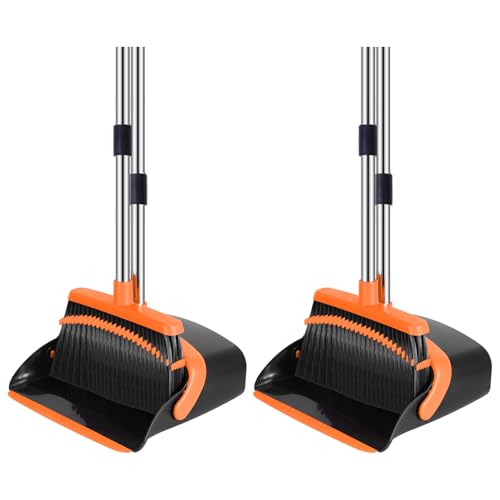 NACENA Broom and Dustpan Set, 52-in Long Adjustable Handle Broom Dustpan Combo with Dust pan Teeth to Automatically Clean Hair Suitable for Home Kitchen Office Hall Floor (Black&Orange), 2 Pack - color: Black-orange, size: 2 Pack