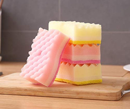 Yellow Pink Colors Multi-Functional Sponges Non-Scratch Scrub Sponges Household Kitchen Cleaning Sponges Durable Scouring Pads,Pack of 4