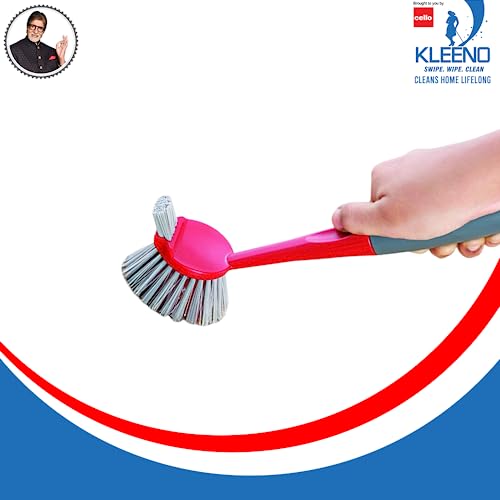 Cello Kleeno Dual Action Sink & Dish Brush, Red & Grey | Flexible Bristles, Hanging Provision | Rubberised Handle & Tough Bristles for Stubborn Stains |Plastic Kitchen Sink Basin Wash Cleaning Brush
