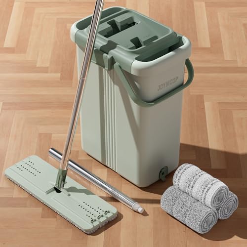 JOYMOOP Flat Mop System, Microfiber Mop and Bucket Set, Green, Commercial & Household Floor Cleaning Mop with Long Handle, Includes 3 Reusable 15" Pads - color: Green Max531