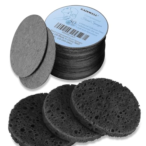 GAINWELL 50-Count Black Compressed Facial Sponges for Daily Facial Cleansing and Exfoliating, 100％ Natural Cosmetic Spa Sponges for Makeup Remover, Reusable - color: Black, size: 50 Count (Pack of 1)