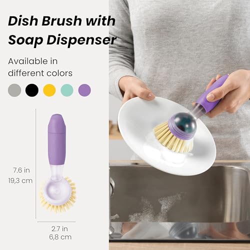 Vigar Rengo Dish Brush with Soap Dispenser - Dish Scrubber with Handle, Kitchen Scrub Brush for Dishes, Sink Cleaning Brush, Soap Dispensing Dish Wand with Nylon Bristles, Non Scratch - Purple - color: Purple