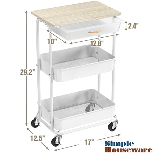 Simple Houseware 3-Tier Rolling Utility Cart with Drawer & Wood Tabletop - Mobile Sofa Side Table, Nightstand, Slim Storage Organizer Trolley for Bedroom, Bathroom, Office & Art Supplies, Maple - color: Maple