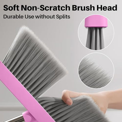 JOYMOOP Pink Broom and Dustpan Set, Upright Angle with Built-in Comb Teeth for Kitchen, Lobby, Pet Hair and Hard Floors - color: Lavender Pink & Sakura Pink