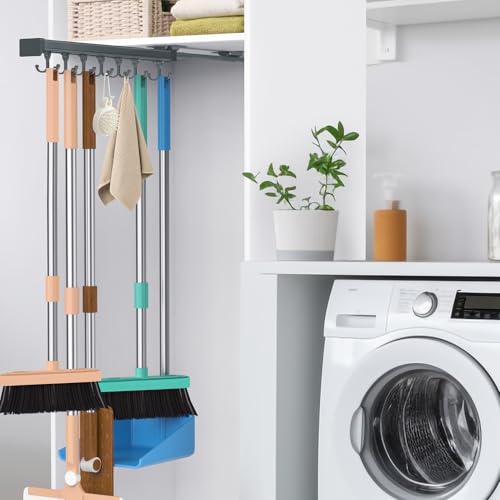 Pull Out Broom Holder, Multifunctional Slide Broom And Mop Storage/Organizer With Adjustable Double Row Sliding Hook, Garage Organization Hooks, for Closet Laundry Garage Kitchen - 41cm/16.141inch - color: Dark grey, size: 16.14 inches