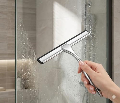 Shower Squeegee for Glass Doors - Stainless Steel Window Squeegee with Adhesive Hook, Streak-Free Silicone Blade for Bathroom Mirror, Tile, and Window