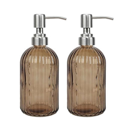 14Oz Brown Soap Dispenser Bathroom - 2 Pack, Clear Glass Hand Soap Dispensers with Stainless Steel Pump, Refillable Dish Soap Dispenser for Kitchen, Countertop Soap Dispensers - color: Brown（2-pack）