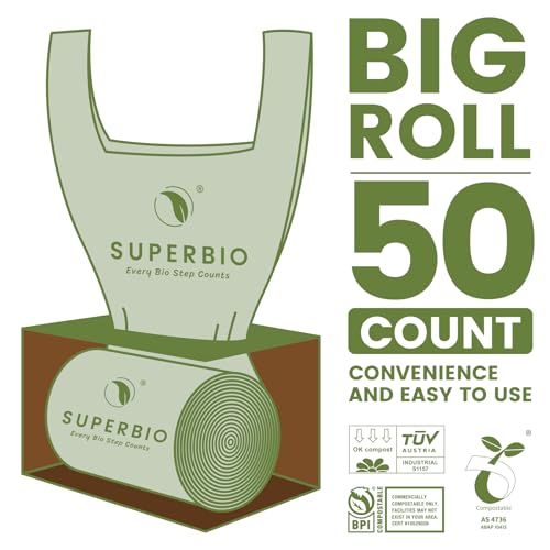 SUPERBIO 1.6 Gallon Handle Tie Compostable Food Scrap Bags For Counter Top Compost Bin, Small Compost Bags, 50 Count, 6 Liter, BPI & OK compost INDUSTRIAL Certified - color: 1.6 Gallon Handle Tie, 50 Count