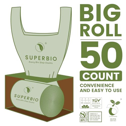 SUPERBIO 1.6 Gallon Handle Tie Compostable Food Scrap Bags, Small Compost Bags with Handles, 50 Count, 2 Pack, BPI & OK compost INDUSTRIAL - color: 1.6 Gallon Handle Tie, 100 Count (2 Pack)