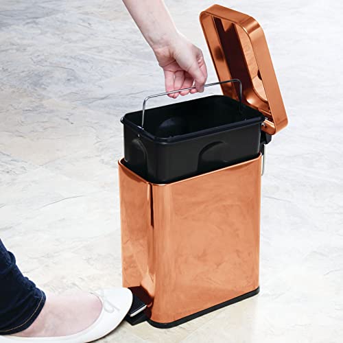 mDesign Small Modern 1.3 Gallon Rectangle Metal Lidded Step Trash Can, Compact Garbage Bin with Removable Liner Bucket and Handle for Bathroom, Kitchen, Craft Room, Office, Garage - Copper - color: Copper, size: 1.3 Gallon