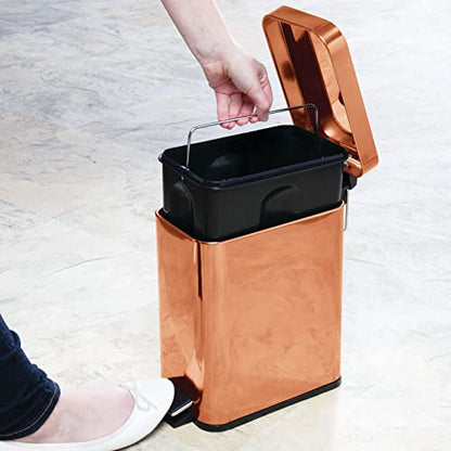 mDesign Small Modern 1.3 Gallon Rectangle Metal Lidded Step Trash Can, Compact Garbage Bin with Removable Liner Bucket and Handle for Bathroom, Kitchen, Craft Room, Office, Garage - Copper - color: Copper, size: 1.3 Gallon