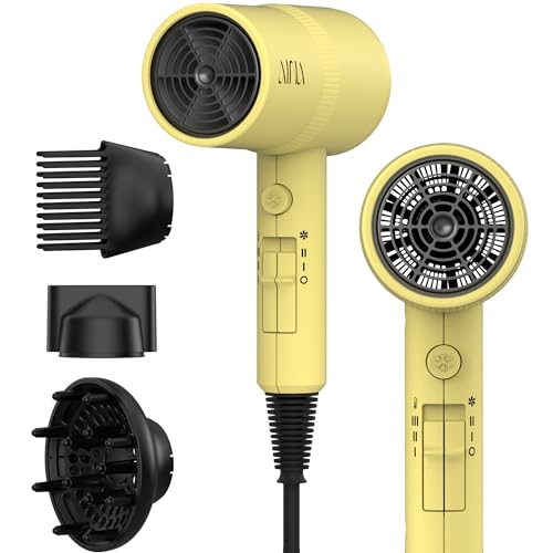 AINA Hair Dryer with Diffuser, Comb | Blow Dryer for Women Compact Travel Professional Ionic Blow Dry | Cold Shot Button 110V/ALCI (Zest Yellow) - color: Zest Yellow, size: 4 Piece