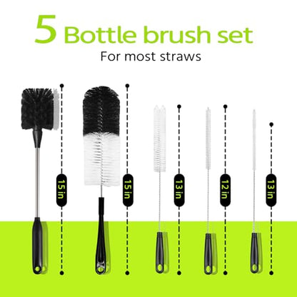 5 Pack Bottle Brush, 15in Stainless Steel Water Bottle Brush, 3 Straw Brushes, for Cleaning Baby Bottles, Sports Water Bottle, Wine Decanters, Coffee Mug, Narrow Bottle, Tumblers, Flasks, Round Head - color: 5pcs/Black