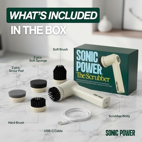 SonicPower Electric Spin Scrubber – Handheld & Ergonomic, IPX7 Waterproof, 4 Multi-Purpose Brush Heads, Long-Lasting Rechargeable Battery – Cleans Dishes, Bathroom, Tile, Grout & Kitchen (Beige) - color: Beige