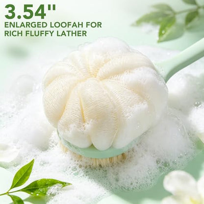 Back Scrubber for Shower, 15.7" Loofah with Handle, Back Shower Brush with Bristles and Loofah, Dry Brushing Body Brush for Cleanse Back and Hard to Reach Areas with Curved Long Handle - color: Light Green
