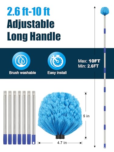 Cobweb Duster with Extension Pole, 10 ft Spider Web Brush for Outdoor House Cleaning, Cob Web Remover for High Ceilings Fans, Medium-Stiff Bristles Head, Adjustable Long Handle, Lightweight Cleaner - size: 10 FT