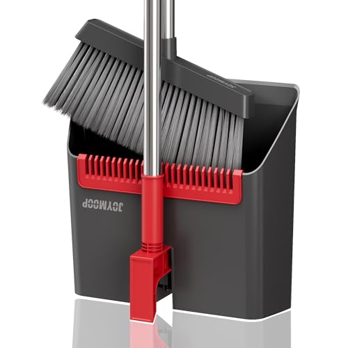 JOYMOOP Black and Red Broom and Dustpan Set, Upright Angle Design with Built-in Comb Teeth for Home, Office, Hard Floors - color: Black & Red