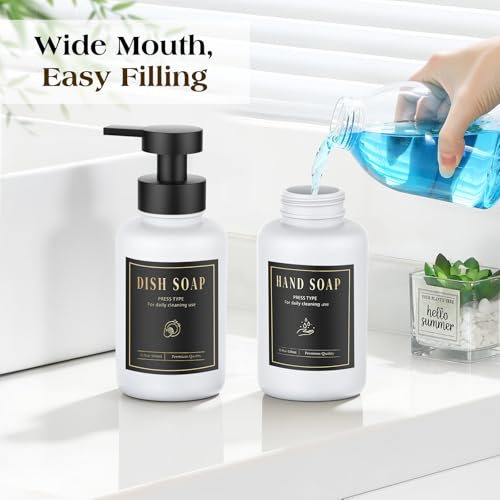 Luxspire Foaming Soap Dispenser, Glass Foam Pump Soap Dispenser, Non-Slip Hand Soap Bottle with 5 Waterproof Labels, 15 Oz Refillable Liquid Soap Bottle for Bathroom & Kitchen, White, 2 Pack - color: White