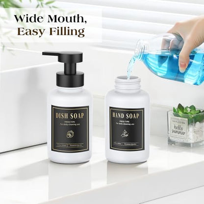 Luxspire Foaming Soap Dispenser, Glass Foam Pump Soap Dispenser, Non-Slip Hand Soap Bottle with 5 Waterproof Labels, 15 Oz Refillable Liquid Soap Bottle for Bathroom & Kitchen, White, 2 Pack - color: White