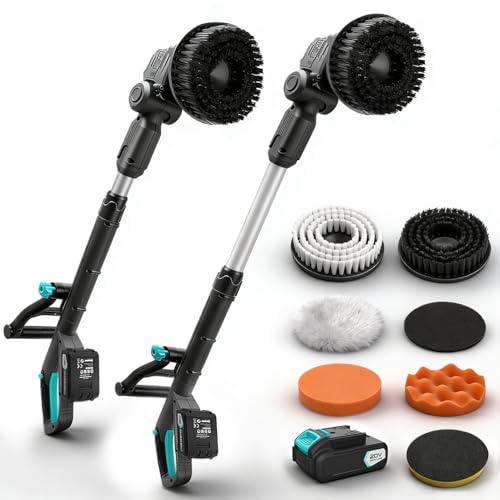 20V Cordless Electric Spin Scrubber with Replaceable Battery & Long Handle - Includes 8 Replaceable Brush Heads for Bathroom, Tile, Grout, Shower, Bathtub, Kitchen, Car & Outdoor Cleaning