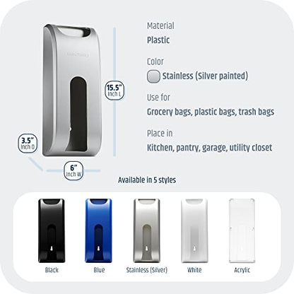 Manterio Plastic Bag Holder | UPGRADED Wall-Mount Grocery Bag Dispenser | Space-Saving Design | Easy Install | Smudge-Proof, Fingerprint-Resistant | Silver | Holds the Most Bags for Maximum Storage - color: Silver