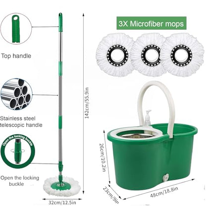 Spin Mop and Bucket with Wringer Set, 360° Spinning Mop Bucket System with 3 Microfiber Mop Replacement Heads Refills,56" Stainless Steel Extended Handle for Floor Cleaning Home Office (20QT) (Green) - color: Green