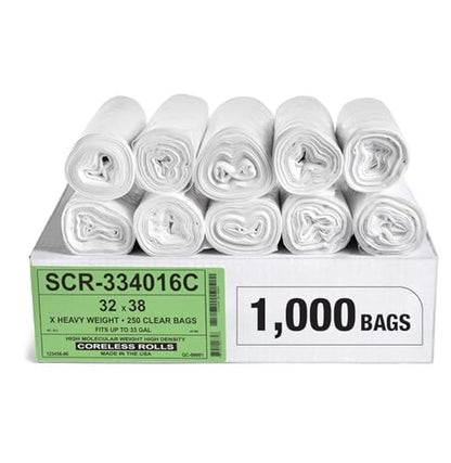 Aluf Plastics 33 Gallon Trash Bags Source Reduction Series Value High Density 16 Micron Gauge (equiv) - Intended for Home, Office, Bathroom, Paper, Styrofoam (Pack of 1000) - color: Clear, style: 33 Gal, 16 Micron Equiv, 1,000 Count
