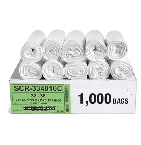 Aluf Plastics 33 Gallon Trash Bags Source Reduction Series Value High Density 16 Micron Gauge (equiv) - Intended for Home, Office, Bathroom, Paper, Styrofoam (Pack of 1000) - color: Clear, style: 33 Gal, 16 Micron Equiv, 1,000 Count