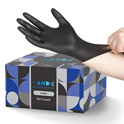 Hand-E Touch Black Nitrile Disposable Gloves Large, 50 Count - BBQ, Tattoo, Hair Dye, Cooking, Mechanic Gloves - Powder and Latex Free - Tattoo Supplies - style: Large