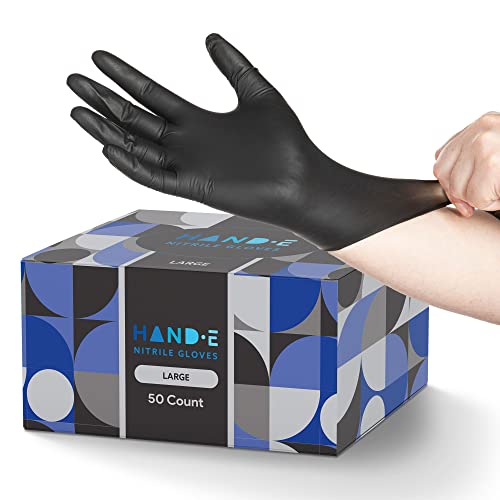 Hand-E Touch Black Nitrile Disposable Gloves Large, 50 Count - BBQ, Tattoo, Hair Dye, Cooking, Mechanic Gloves - Powder and Latex Free - Tattoo Supplies - style: Large